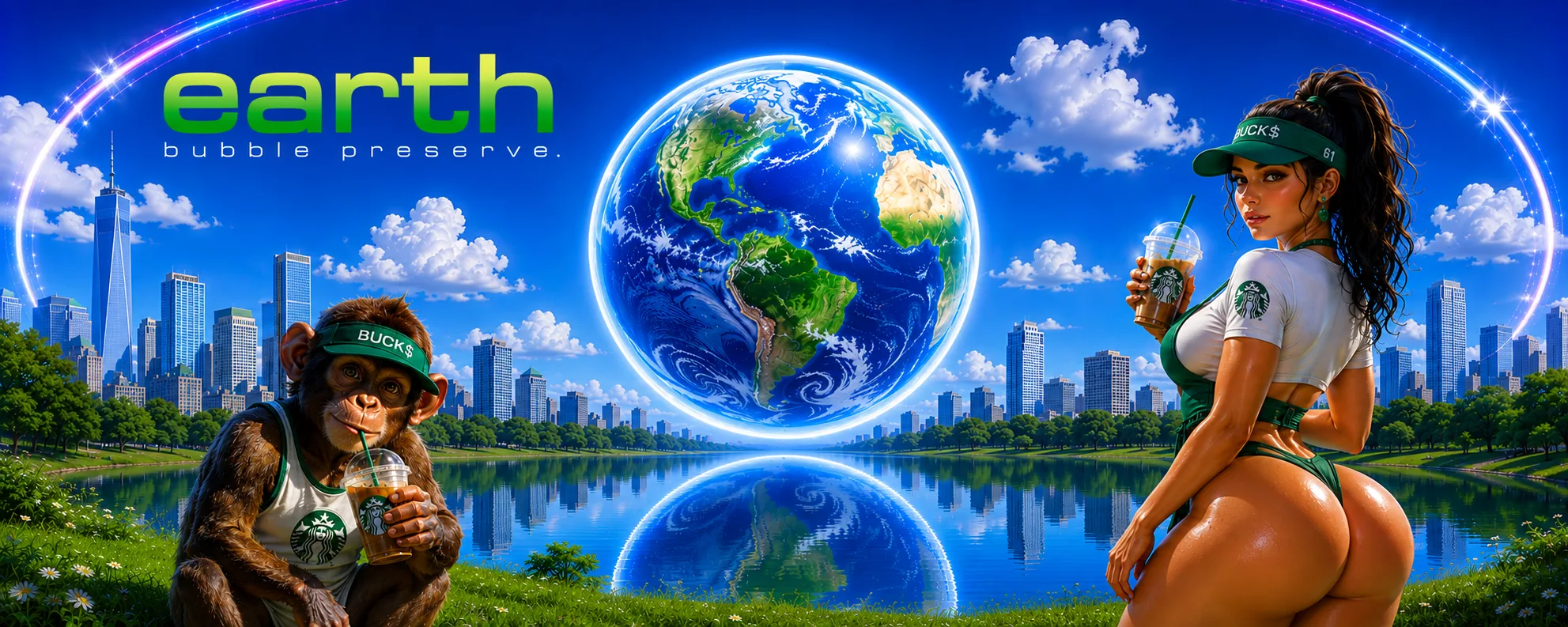 Earth — the sealed origin world of DeepGoon: the globe in a preservation bubble over a city skyline