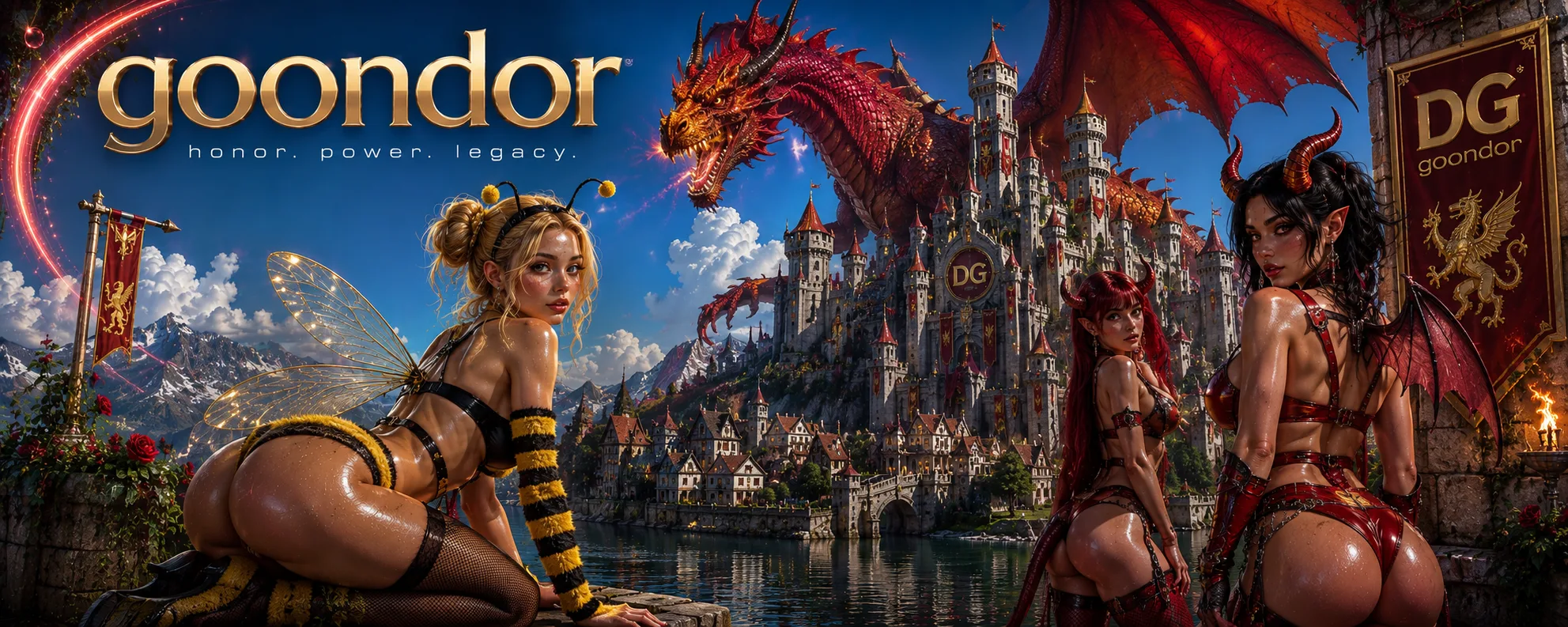 Goondor — the medieval fantasy world of DeepGoon: a dragon over a castle city, banners and demon courts