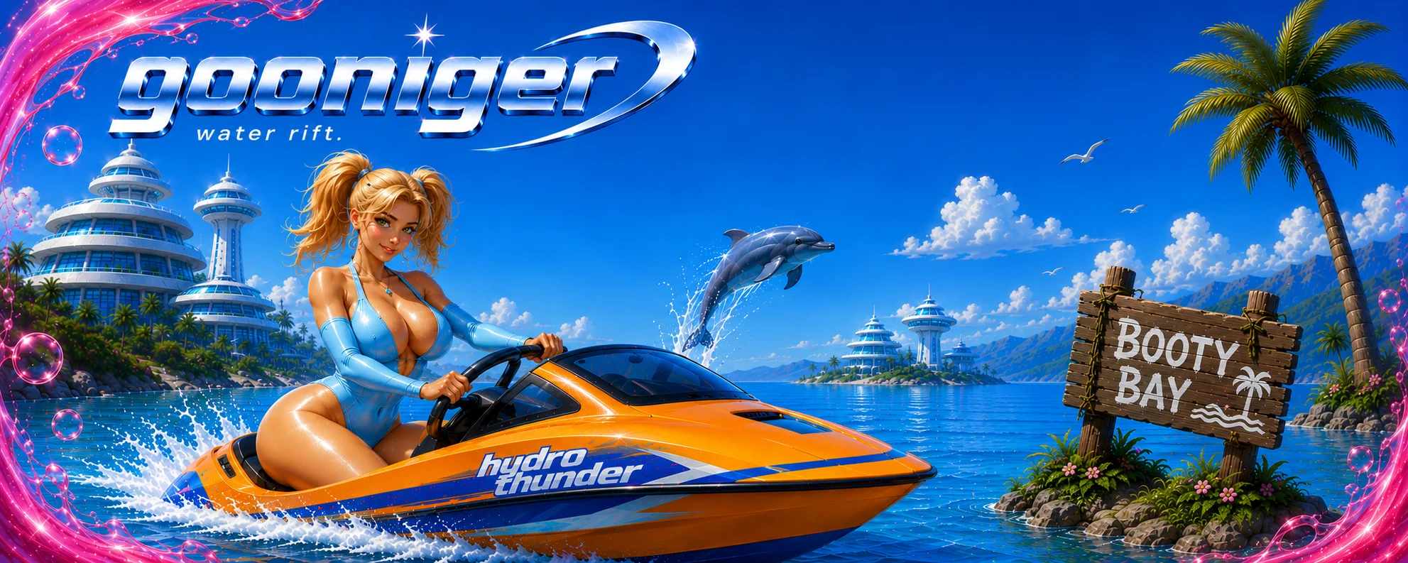 Gooniger — the tropical water world of DeepGoon: turquoise sea, glass resort domes and a speedboat-submarine