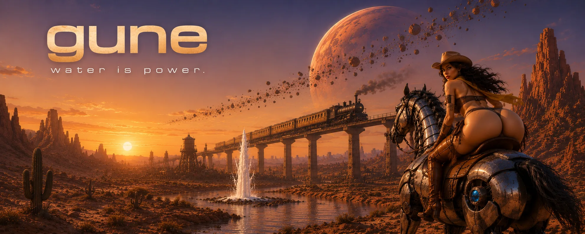 Gune — the western frontier world of DeepGoon: a geyser, a steam train on a viaduct and a robotic horse at sunset