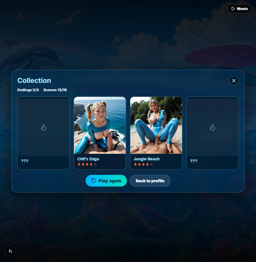 The Collection screen showing found and locked endings in the AI visual novel